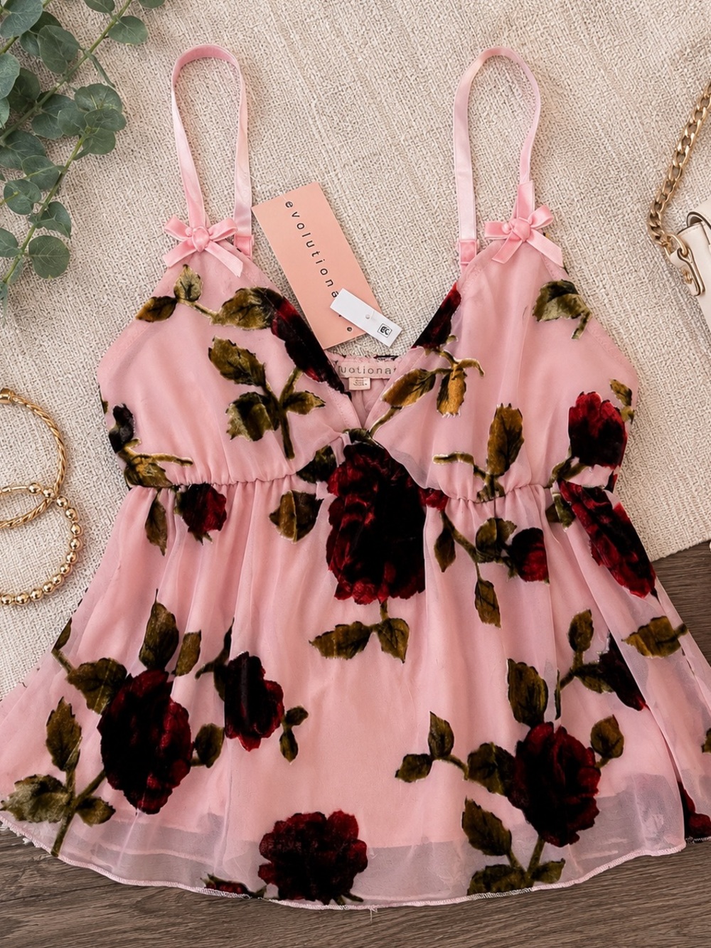 Evolutionary Pink Burnout Velvet Rose Babydoll Cami NWT